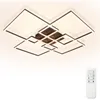 A modern, geometric LED ceiling light fixture with multiple square frames, mounted on a white ceiling. A white remote control is visible in the bottom right corner. Podgląd zdjęcia produktu