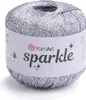 A ball of silver, sparkly yarn with a label. Produktbild-Vorschau