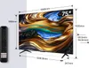 A television with dimensions and a remote control shown next to it. Produktbild-Vorschau