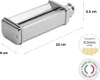 A silver pasta maker attachment with dimensions and feature callouts. Produktbild-Vorschau