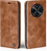 A brown leather flip case for a smartphone is shown from two angles. Produktbild-Vorschau