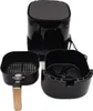 A black air fryer with its two main accessories, a basket and a tray, laid out separately on a white background. Produktbild-Vorschau