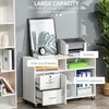 A white filing cabinet with drawers and shelves, featuring a printer and decorative items. Produktbild-Vorschau