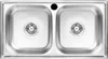 A top-down view of a double stainless steel sink with a faucet in the center. Podgląd zdjęcia produktu