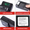 A collage of four images showing different aspects of a universal battery charger. Produktbild-Vorschau