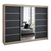 A modern sliding door wardrobe with a wood-effect frame, black panels, and a mirrored door, set against a white background. Produktbild-Vorschau