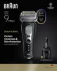 A Braun Series 9 PRO+ electric shaver is displayed prominently against a black background, with its charging station and marketing text highlighting its features. Náhľad obrázku produktu
