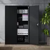 An open black metal cabinet filled with office supplies, with a plant in a pot to the right. Voir les images du produit