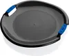 A black disc sled with blue handles, shown from a diagonal top-down view on a white and gray background. Produktbild-Vorschau