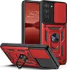 A red and black phone case with a camera cover and a ring stand, displayed from multiple angles. Produktbild-Vorschau