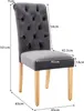 A gray upholstered dining chair with wooden legs, shown with dimensions indicated by text and lines. Voir les images du produit