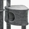 A close-up view of a section of a grey cat tree, showing a cylindrical hideaway with an entrance hole and a flat top platform. Produktbild-Vorschau