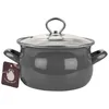 A gray enamel pot with a glass lid and two handles, shown on a white background. A small tag is attached to one of the handles. Podgląd zdjęcia produktu