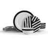 A set of Mikasa Luxe Deco dinnerware with black and white geometric patterns and gold trim, arranged on a white background. Podgląd zdjęcia produktu