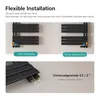 Diagrams showing flexible installation options for a black radiator, with close-up of connection details. Anteprima dell’immagine prodotto
