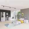 A bedroom with a bed, desk, and storage unit. Produktbild-Vorschau