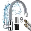 A kitchen faucet with water splashing around it, along with some of its components. Produktbild-Vorschau