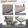A collage of four close-up images highlighting the features of a gray armchair and ottoman. Produktbild-Vorschau