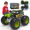 A young boy is sitting on a large remote-controlled monster truck, holding the remote. The image also includes a box for the toy and a graphic showing the truck performing a 360-degree spin. Produktbild-Vorschau