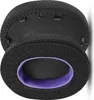 Close-up view of two black ear pads with purple mesh lining. Náhled obrázku produktu