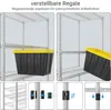 Collage showing how to adjust shelf height and place a bin on a metal shelving unit. Produktbild-Vorschau