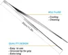 A pair of long stainless steel tweezers is shown diagonally against a white background, with text overlays describing its features and uses. Produktbild-Vorschau