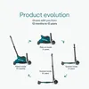 Diagram showing the evolution of a scooter from parent mode to ride-on mode to scooter mode. Voir les images du produit