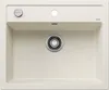 A top-down view of a cream-colored kitchen sink with a drain and faucet holes. Produktbild-Vorschau