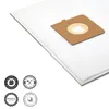 A white vacuum cleaner bag with a brown cardboard attachment is shown on a white background. Four circular badges are visible in the bottom left corner. Produktbild-Vorschau