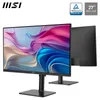 A black MSI monitor with a colorful abstract wallpaper displayed on its screen, shown from a slightly angled front view. The monitor is on a stand with a square base. A second monitor is visible in the background, also black and facing away from the viewer Produktbild-Vorschau
