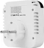 A close-up view of the back of a white smart plug adapter, showing its electrical plug and a label with technical specifications and certifications. Produktbild-Vorschau