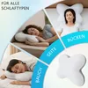 Collage showing a pillow for different sleeping positions, with text overlays and images of people sleeping. Produktbild-Vorschau