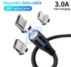 A magnetic charging cable with three different magnetic connectors (USB-C, Lightning, and Micro USB) is shown against a white background. The cable is black with a blue accent light. Produktbild-Vorschau