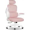 A pink and white ergonomic office chair with a headrest and adjustable armrests is shown against a white background. Voir les images du produit