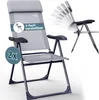 A gray folding chair with a pillow and armrests, shown from the front and side. A smaller image shows the chair in various reclining positions. Produktbild-Vorschau