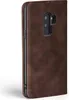 A brown flip cover for a Samsung Galaxy S9+ phone, shown from the side. Produktbild-Vorschau