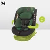 A green and black car seat with a rotating base, shown against a white background with green graphic overlays indicating its features. Produktbild-Vorschau
