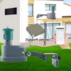 A collage of images showing a smart irrigation device, a gateway, and a smartphone app interface, set against a backdrop of a house and lawn. Produktbild-Vorschau