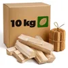 A cardboard box labeled "10 kg" with a green leaf icon, next to a pile of firewood and a net bag of firewood. Produktbild-Vorschau