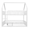 A white bunk bed frame with a house-like roof structure, viewed from the front. Voir les images du produit