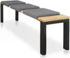 A modern bench with wooden seat and gray cushions on a white background. Produktbild-Vorschau