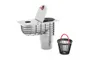 A stainless steel drain with a removable basket and lid, shown with a separate black basket with a red handle. Produktbild-Vorschau