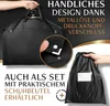 A person holding a garment bag and a shoe bag, with a close-up of the garment bag's closure mechanism. Produktbild-Vorschau