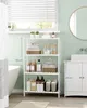 A white shelving unit filled with toiletries and towels in a bathroom. Produktbild-Vorschau
