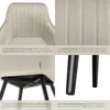 A collage of four images showing details of a beige upholstered chair with black legs. Produktbild-Vorschau