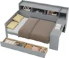 A grey daybed with storage drawers and a shelf unit above the headboard. Produktbild-Vorschau