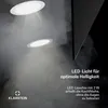 Two illuminated ceiling lights are shown in a smoky or steamy environment, with text overlays describing LED lighting. Produktbild-Vorschau