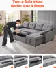 A man is demonstrating how to convert a sectional sofa into a bed, with four smaller images below showing the steps. Voir les images du produit