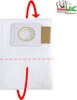 A white vacuum cleaner bag with red arrows indicating how to use it, and a logo in the top right corner. Produktbild-Vorschau