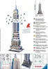 A collage showing an exploded view of the Empire State Building 3D puzzle, a finished puzzle, and packaging details. Podgląd zdjęcia produktu